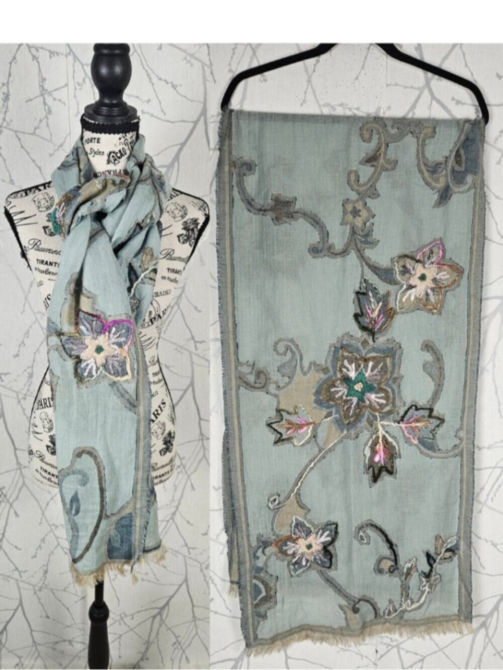 Hang N Hold Linen Cotton Blend Floral Embroidered Scarf